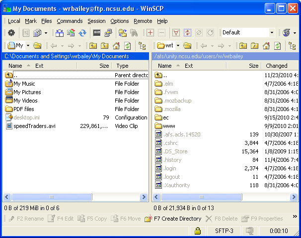 WinSCP file navigation window