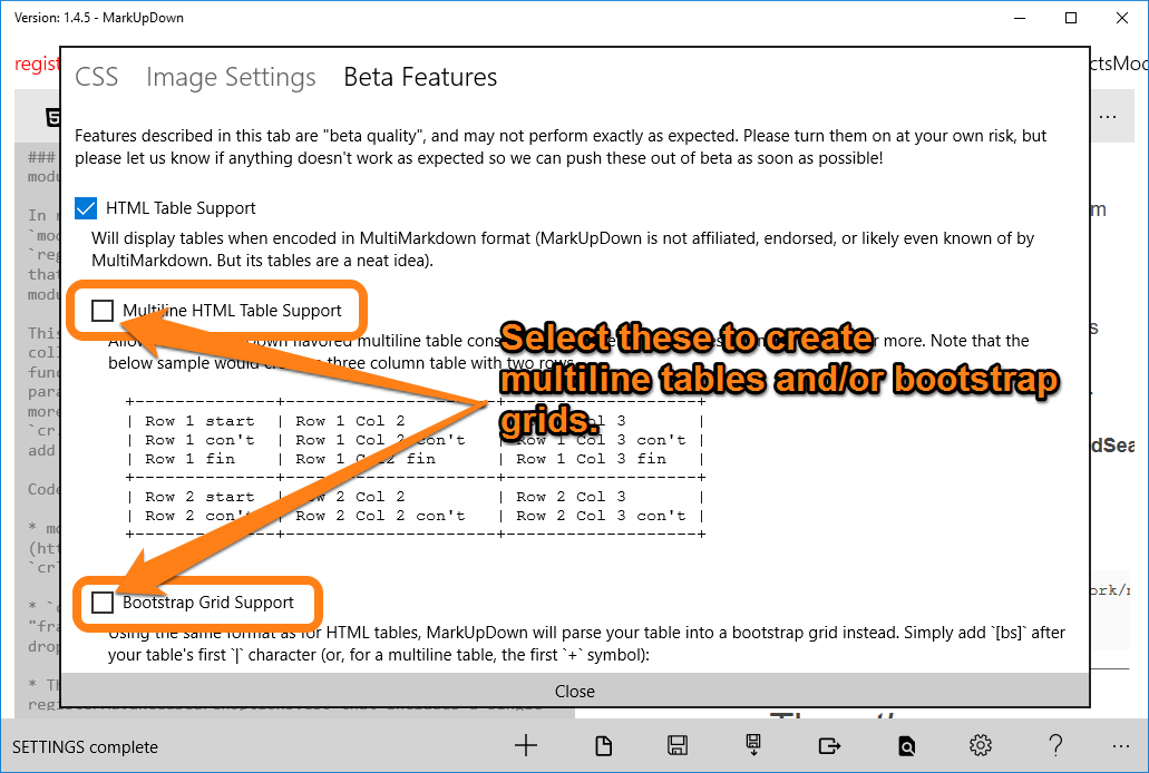 Multiline settings in the beta settings pane